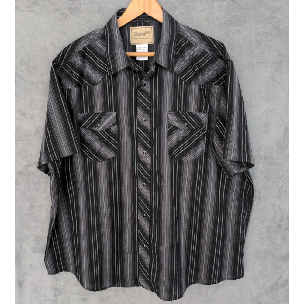 Wrangler Western Pearl Snap Shirt Men's 2XL Black Gray Stripe Cowboy Pockets